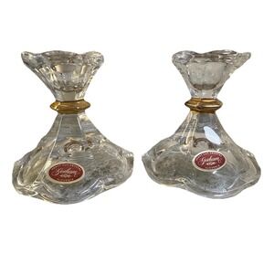 Gorham Candlesticks Heavy Cut Crystal Gold Band Matched Pair 3" x 3"